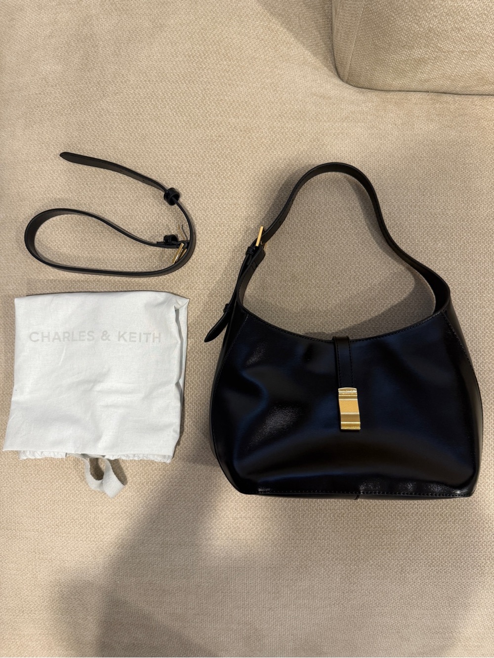 Charles & Keith Black Shoulder Bag with Gold Hardware